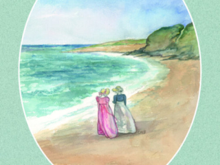 Anne and Henrietta walking along the shoreline - Jane Austen card on sale at Winchester Cathedral gift shop.