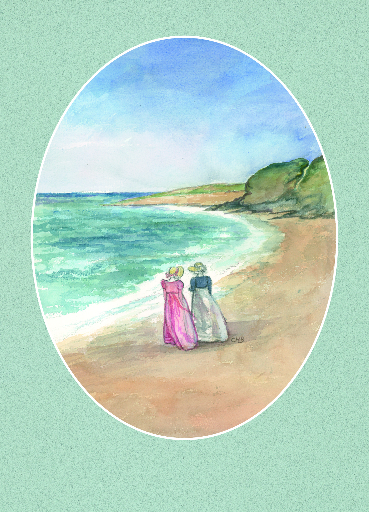 Anne and Henrietta walking along the shoreline - Jane Austen card on sale at Winchester Cathedral gift shop.