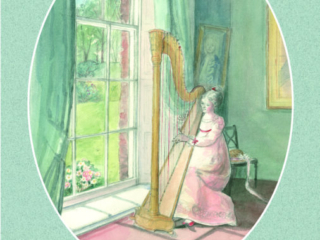 A young woman playing the harp by the window - Jane Austen card on sale at Winchester Cathedral gift shop.