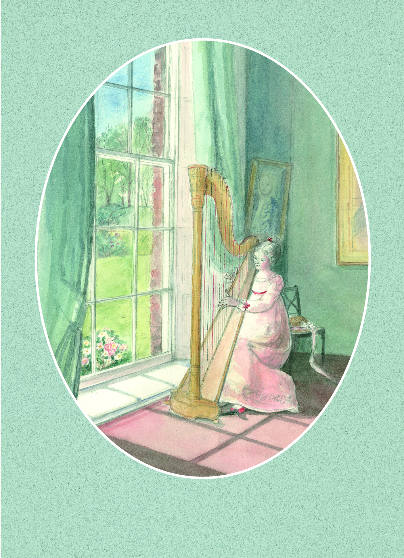 A young woman playing the harp by the window - Jane Austen card on sale at Winchester Cathedral gift shop.
