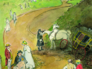 A gentleman and lady travelling  - Jane Austen card on sale at Winchester Cathedral gift shop.