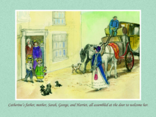Catherines father mother Sarah and Harriet all assemble at the door to welcome her - Jane Austen card on sale at Winchester Cathedral gift shop.