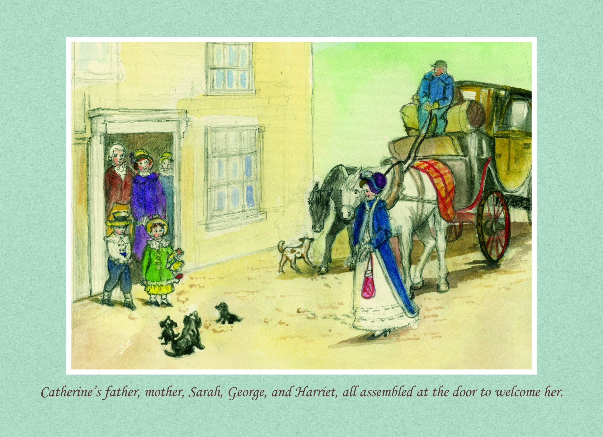 Catherines father mother Sarah and Harriet all assemble at the door to welcome her - Jane Austen card on sale at Winchester Cathedral gift shop.