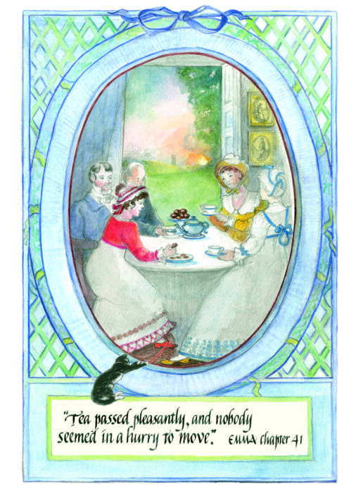 Tea passed pleasantly and nobody seemed in a hurry to move - Jane Austen card on sale at Winchester Cathedral gift shop.